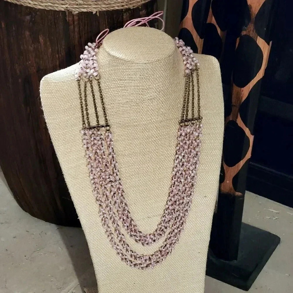 Edgy Little Pink Glazed Porcelain Beads Antique Brass Multistrand Necklace - Picture 6 of 8